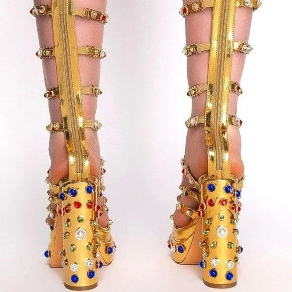 Callie Lives in Egypt Gold Highrise Gladiator Gemstone Platform Chunky Heels 10 - Picture 3 of 5